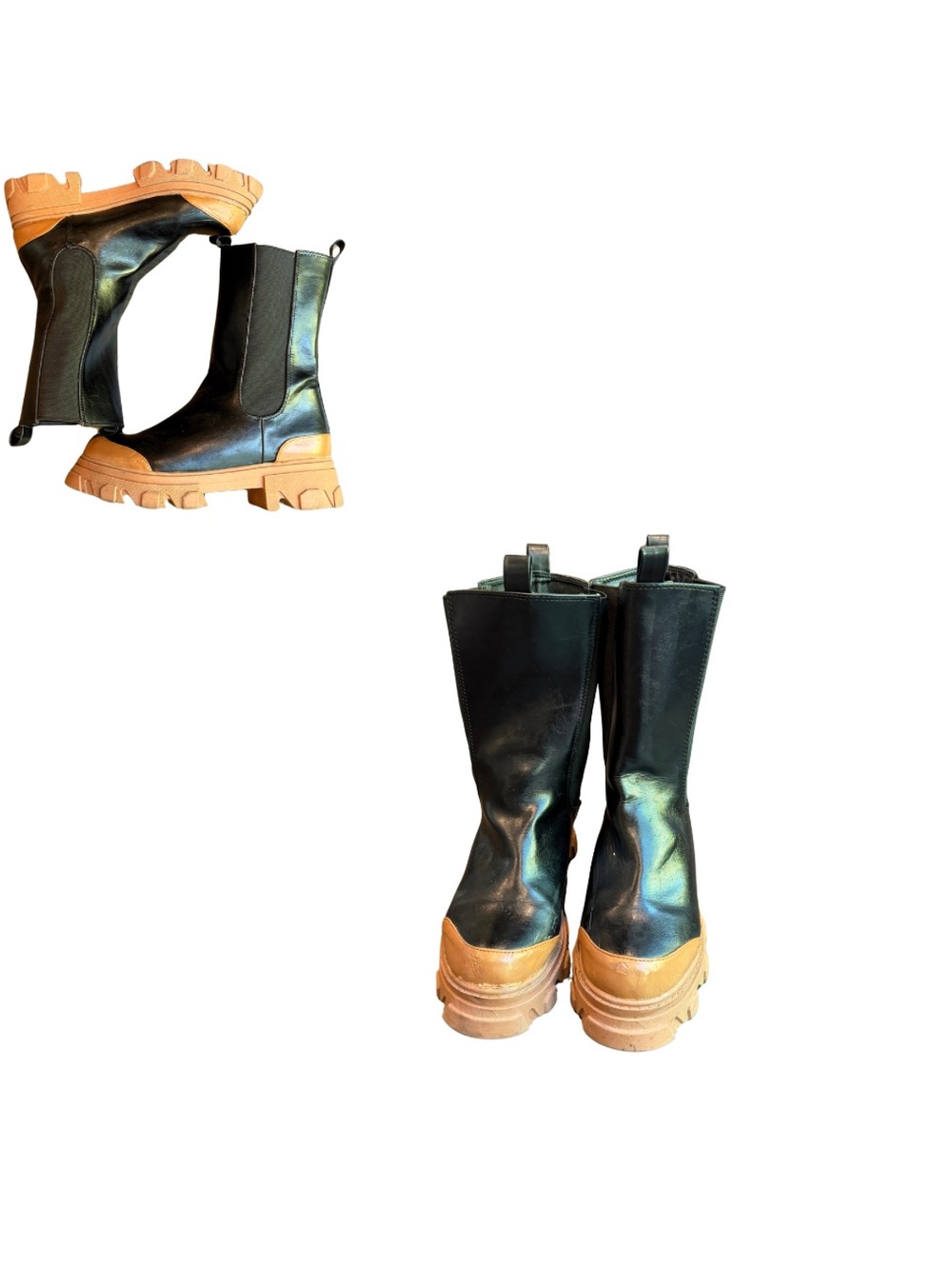 Black Leather Chunky Sole Women's Boots with Tan Platform